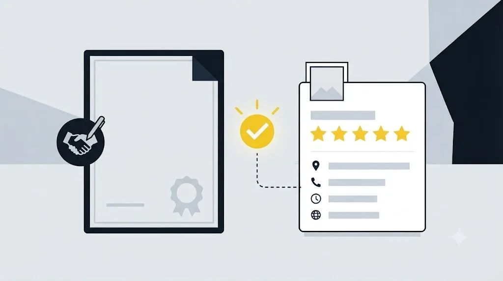 Ilustrație cu un document legal și un profil Google Business Profile marcat ca fiind activ pentru o afacere din Iași