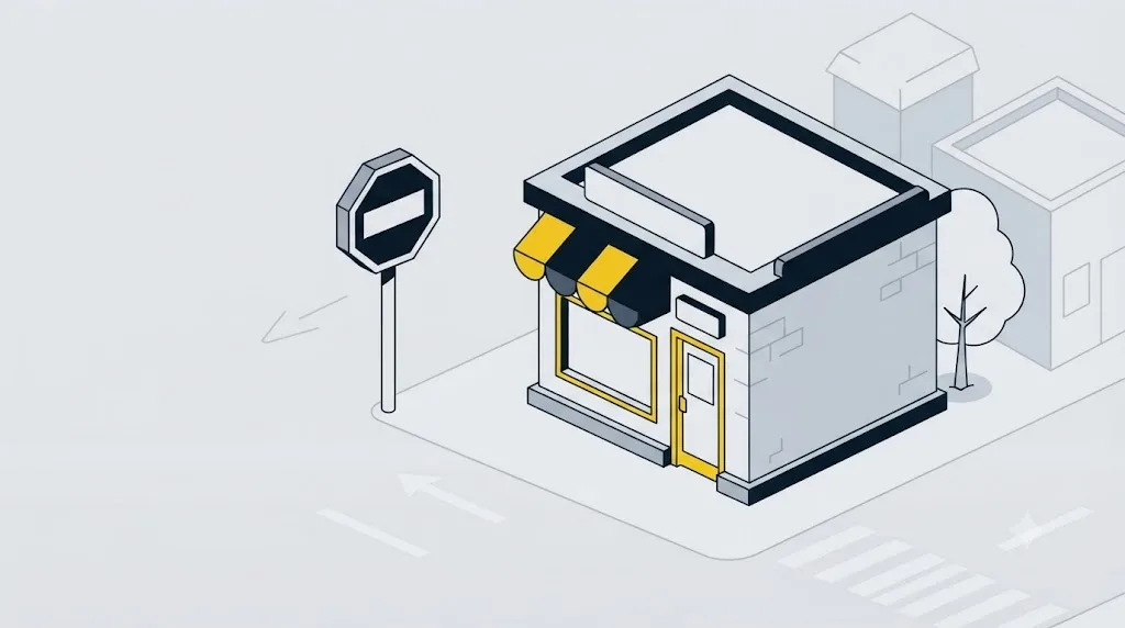 Ilustrație cu un semn de stop lângă un magazin mic local, sugerând că nu orice afacere din Moldova are nevoie de o agenție SEO