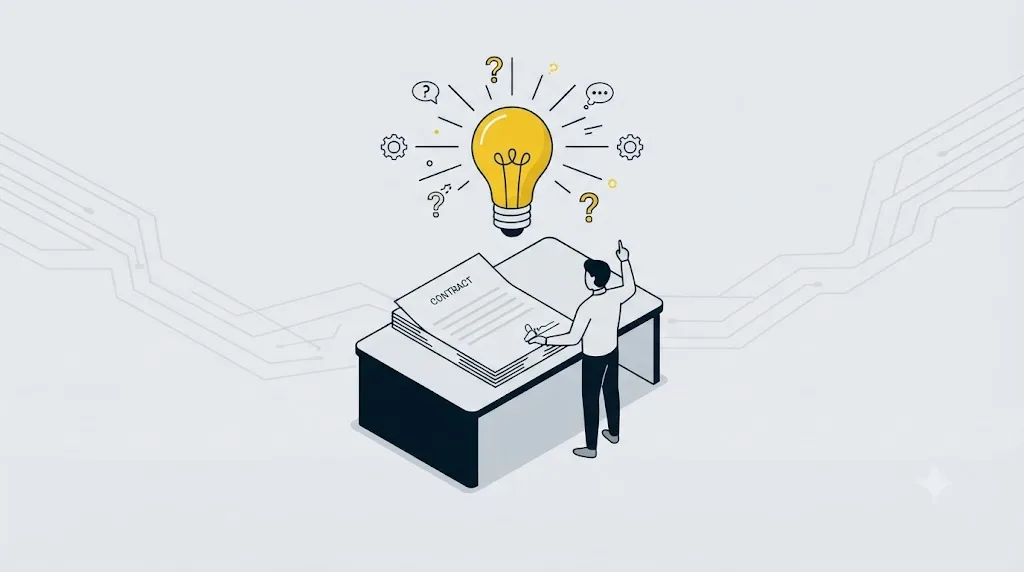 Ilustrație cu un contract și un bec aprins, simbolizând întrebările de pus unei agenții SEO înainte de semnare