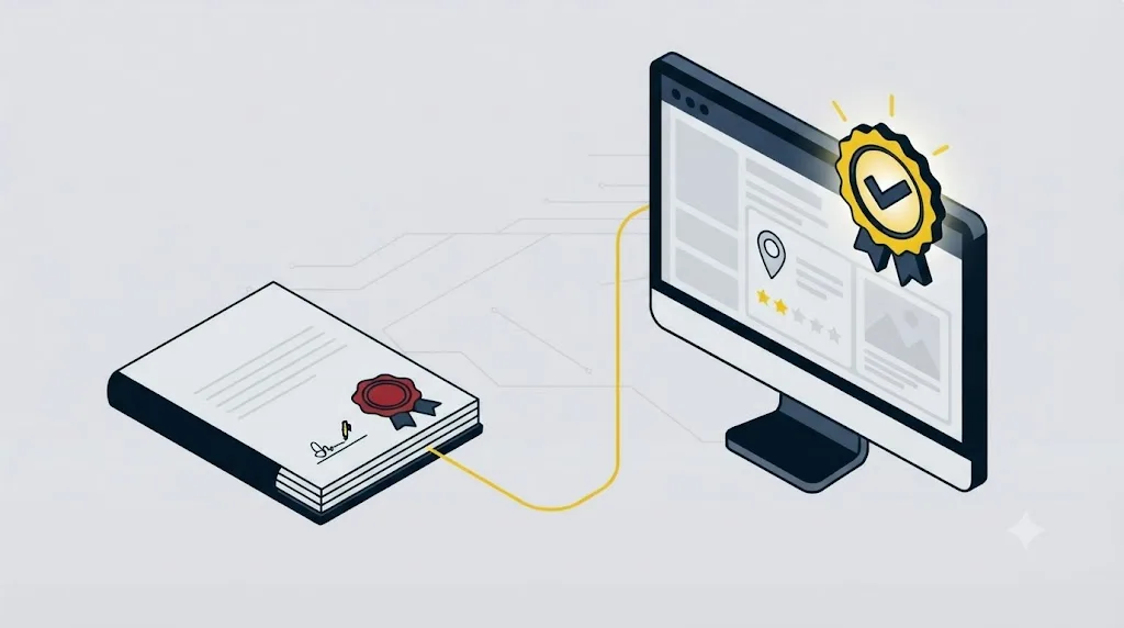 Ilustrație cu un document legal și un profil Google Business Profile activ, pentru o afacere din Moldova