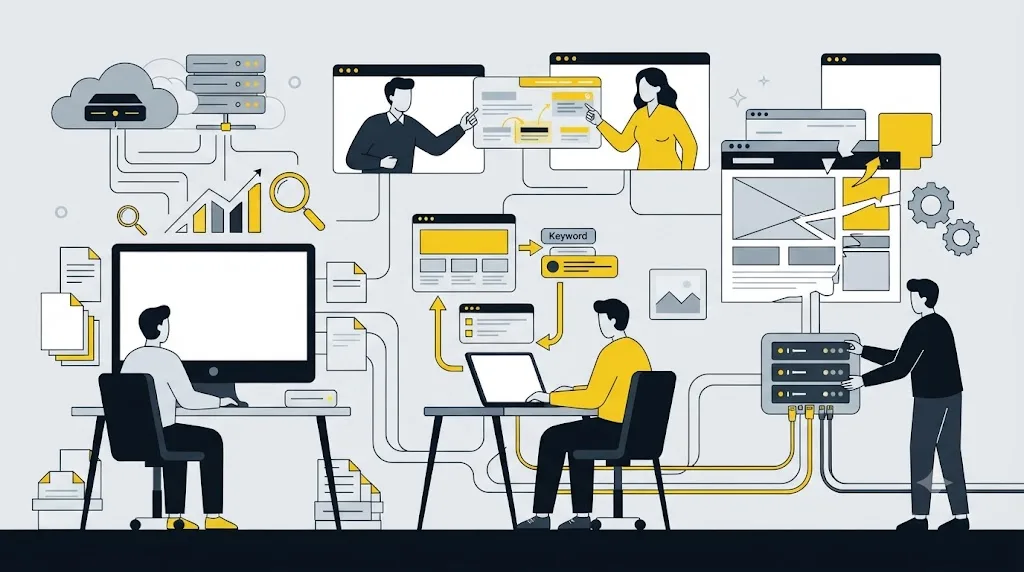 Ilustrație cu o echipă care lucrează de la distanță la optimizarea unui site pentru motoarele de căutare