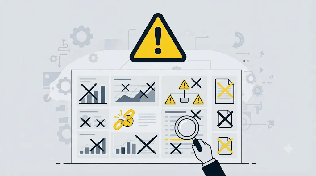 Ilustrație cu un semn de avertizare deasupra unui raport de audit SEO cu erori marcate