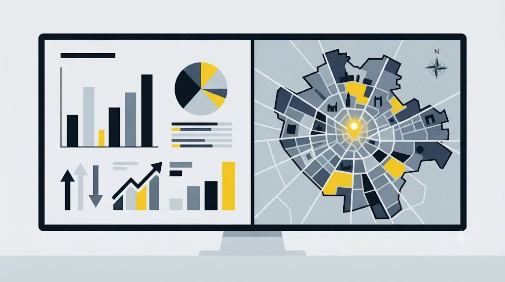 Ilustrație cu un raport de audit SEO afișat lângă o hartă a Chișinăului