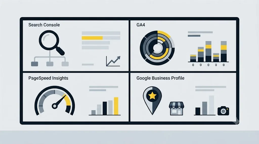 Ilustrație cu instrumentele gratuite folosite într-un audit SEO, afișate pe un tablou de bord