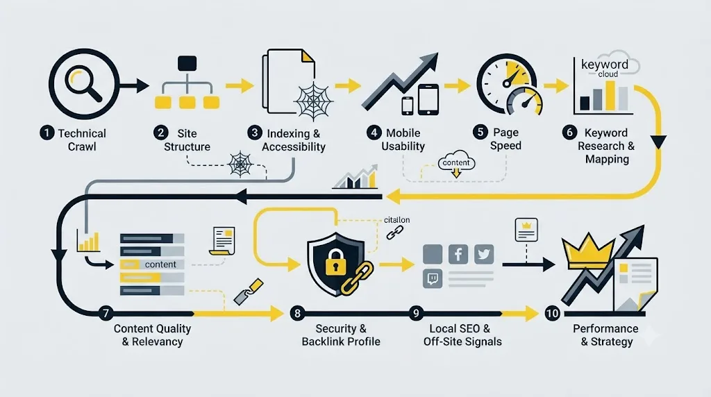 Ilustrație cu o schemă de flux care arată pașii unui audit SEO complet