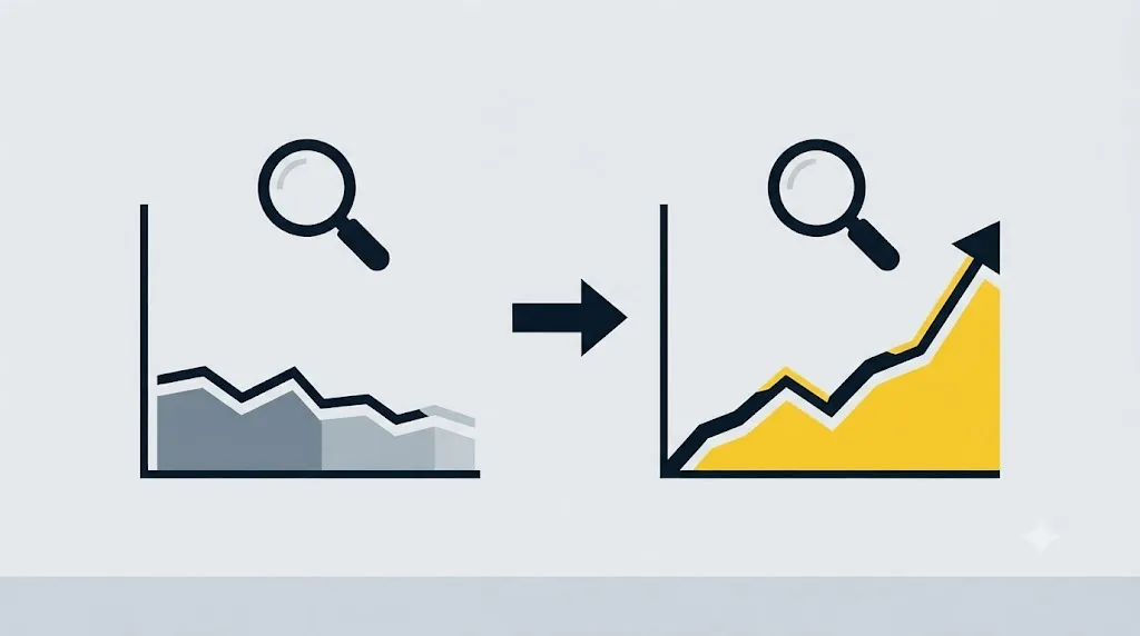 Ilustrație cu un grafic de trafic analizat cu o lupă pentru verificarea rezultatelor unui audit SEO