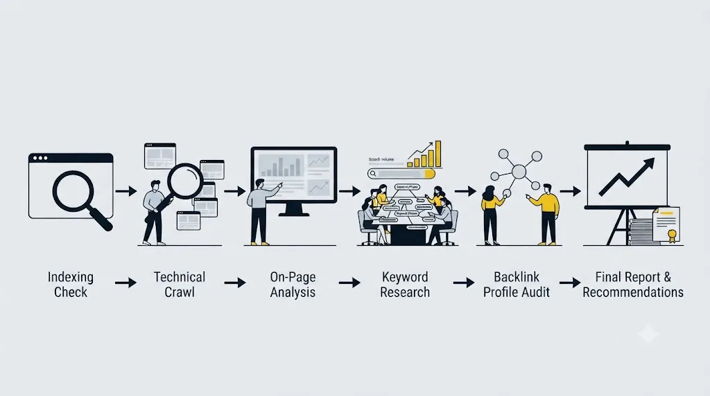Ilustrație cu o schemă de flux care arată pașii unui audit SEO complet
