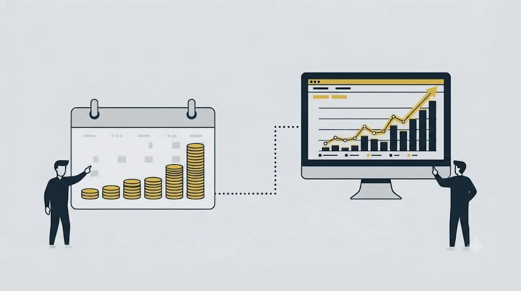 Ilustrație cu un calendar și un grafic de creștere pentru rezultatele după un audit SEO