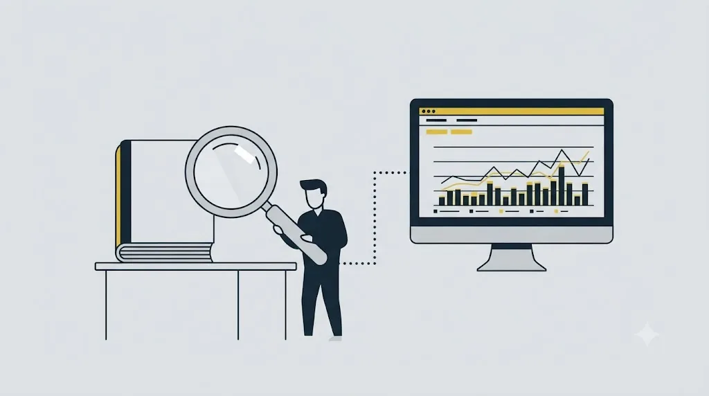 Ilustrație cu un raport de audit SEO analizat cu o lupă lângă date din Google Search Console