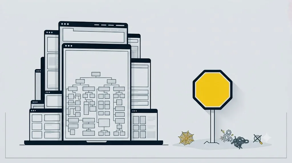 Ilustrație cu un semn de stop lângă un site mare, unde un audit SEO gratuit nu mai e suficient