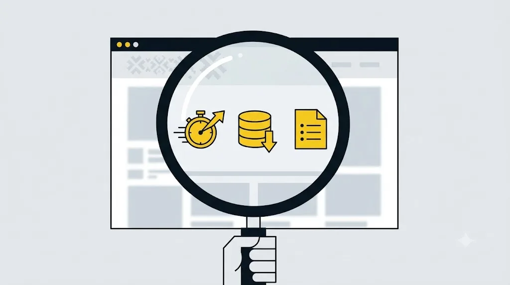 Ilustrație cu o lupă deasupra unui site web analizat tehnic pentru un audit SEO