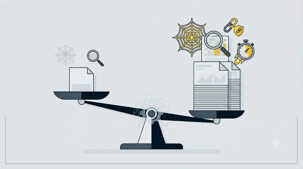 Ilustrație cu o balanță care compară un audit SEO gratuit și un audit SEO plătit, complet