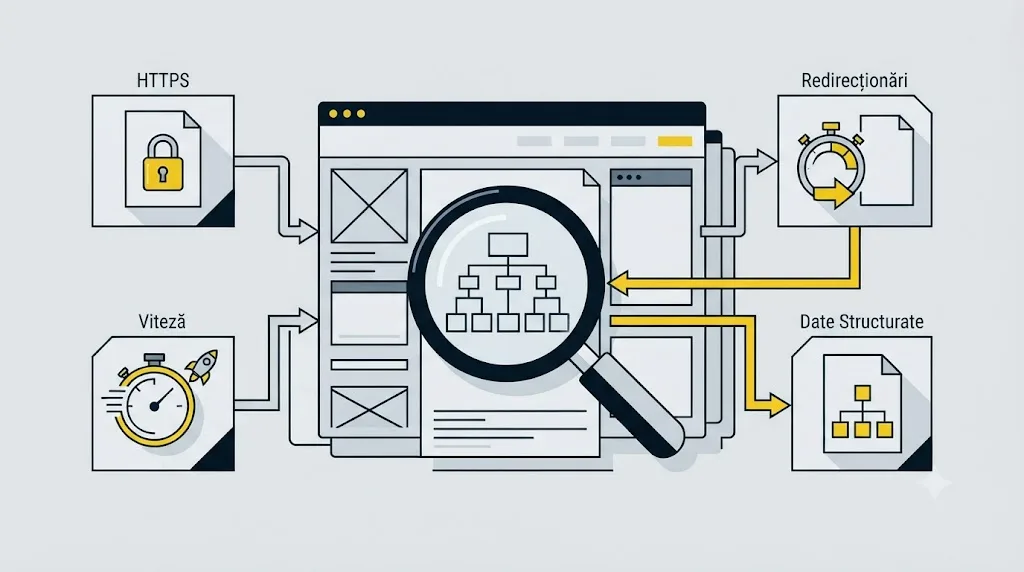 Ilustrație cu partea tehnică a unui audit SEO, verificată punct cu punct pe un site