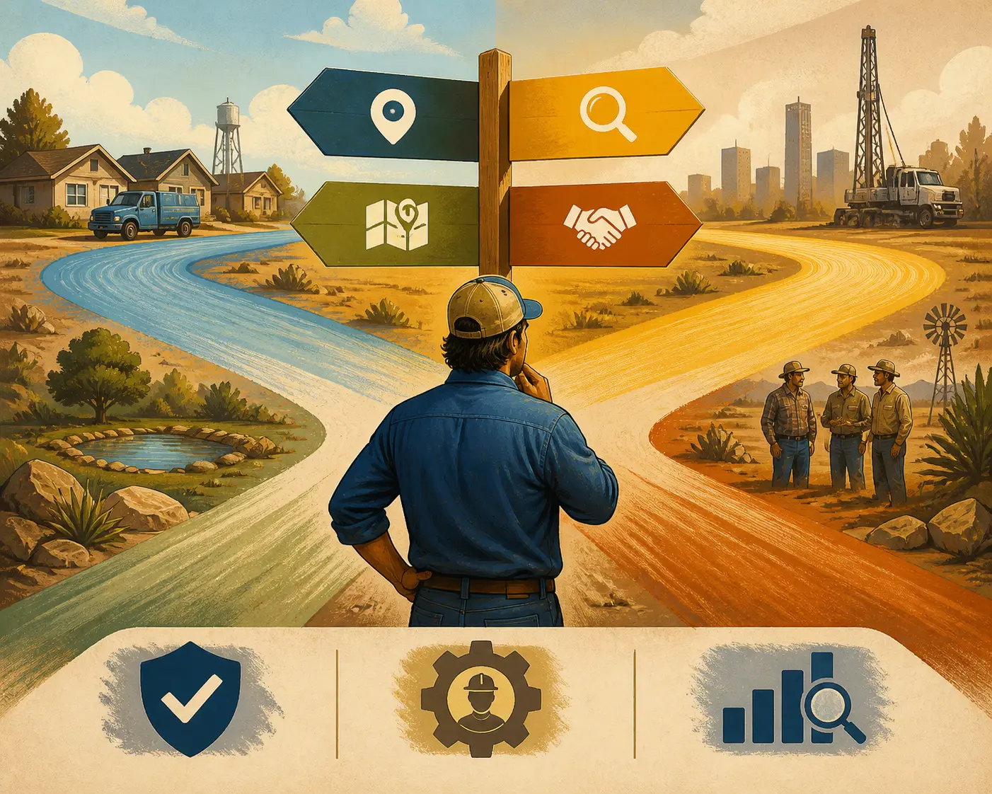 Illustration of a well contractor separating core, profitable, boundary, and excluded service areas