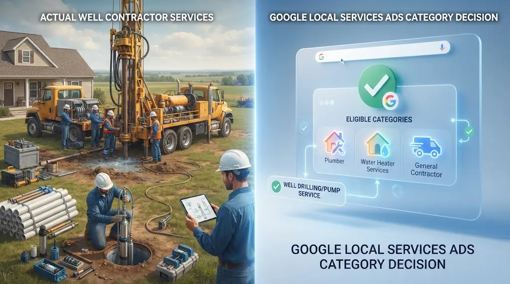 Illustration of a well contractor comparing a Local Services Ads eligibility screen with a drilling and pump service list