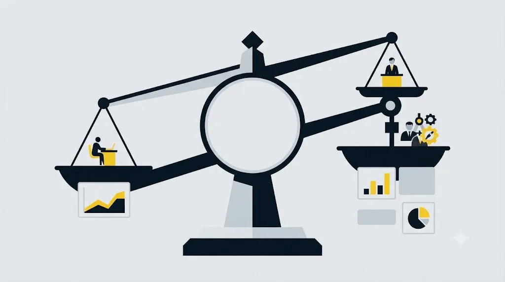 Ilustrație cu o balanță care compară un freelancer SEO, un angajat intern și o echipă de firmă