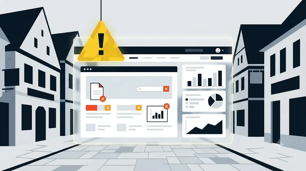 Ilustrație cu un semn de avertizare deasupra unui site web cu erori marcate