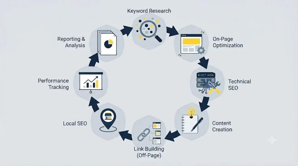 Ilustrație cu o schemă de flux care arată pașii unui proces SEO complet