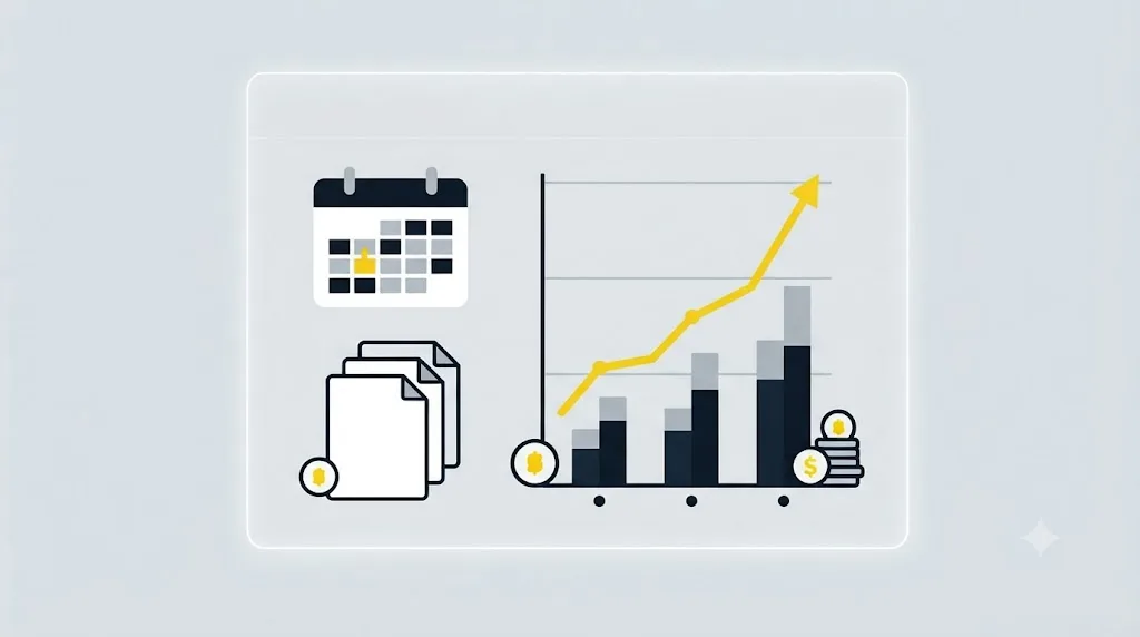 Ilustrație cu un grafic de trafic SEO analizat cu o lupă