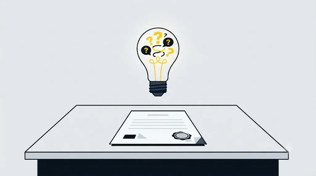 Ilustrație cu un contract și un bec aprins, simbolizând întrebările de pus unei firme SEO înainte de semnare