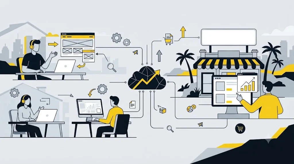 Ilustrație cu o echipă care lucrează de la distanță la optimizarea unui site pentru o afacere din Constanța
