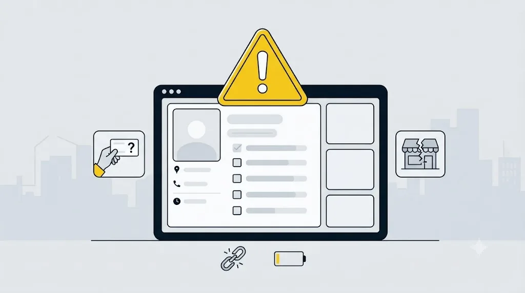 Ilustrație cu un semn de avertizare deasupra unui profil Google Business Profile incomplet din Constanța
