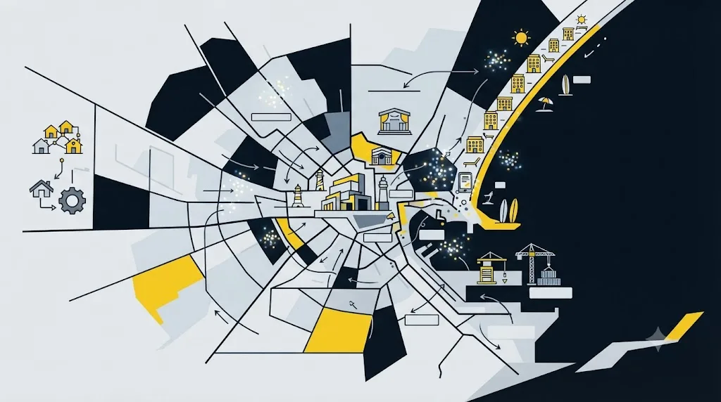 Ilustrație cu harta cartierelor Constanței și pictograme pentru cuvinte cheie locale