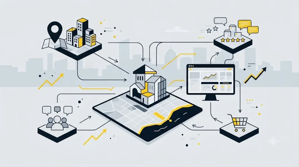 Ilustrație cu platformele locale relevante pentru SEO în Constanța, conectate la profilul unei afaceri