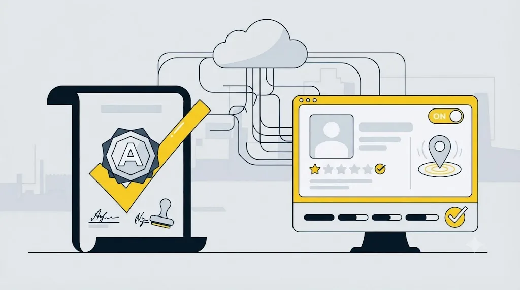 Ilustrație cu un document legal și un profil Google Business Profile marcat ca fiind activ pentru o afacere din Constanța