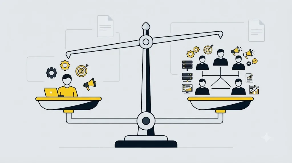 Ilustrație cu o balanță care compară un freelancer SEO și o echipă de firmă pentru o afacere din Iași