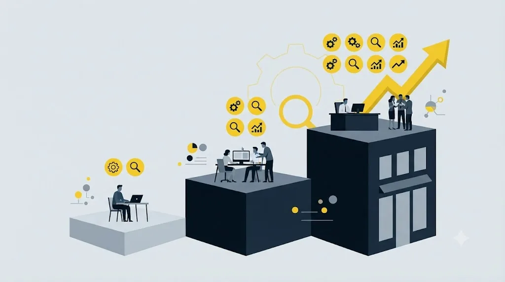 Ilustrație cu trei niveluri de preț pentru servicii SEO, de la freelancer la firmă specializată