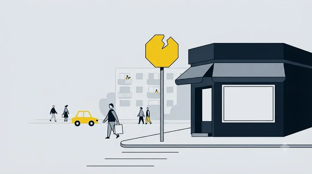 Ilustrație cu un semn de stop lângă un magazin mic dintr-un cartier al Timișoarei