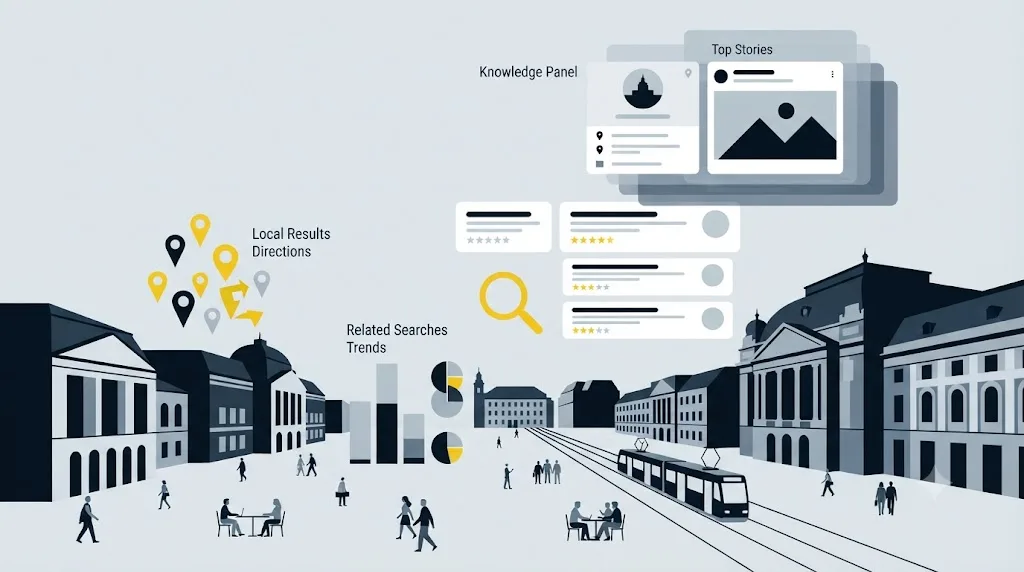 Ilustrație cu Piața Victoriei din Timișoara și o interfață de căutare Google suprapusă
