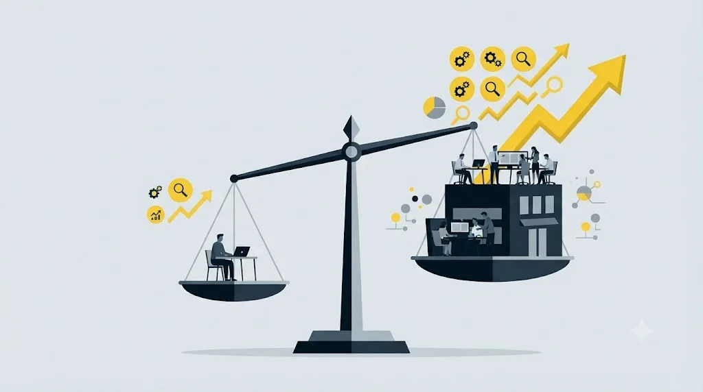 Ilustrație cu o balanță care compară un freelancer SEO și o firmă cu echipă completă
