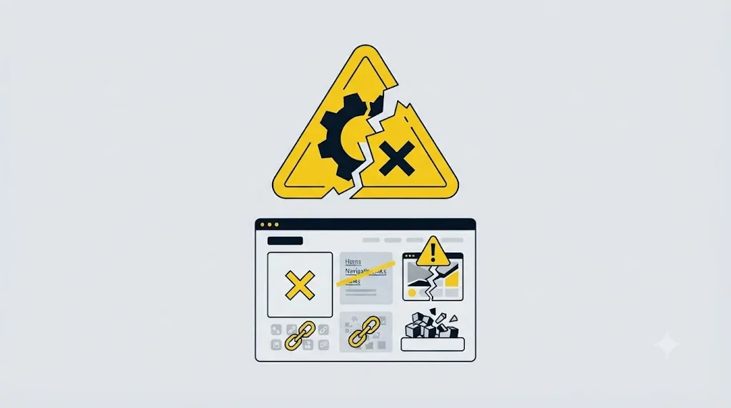 Ilustrație cu un semn de avertizare deasupra unui site web cu erori marcate