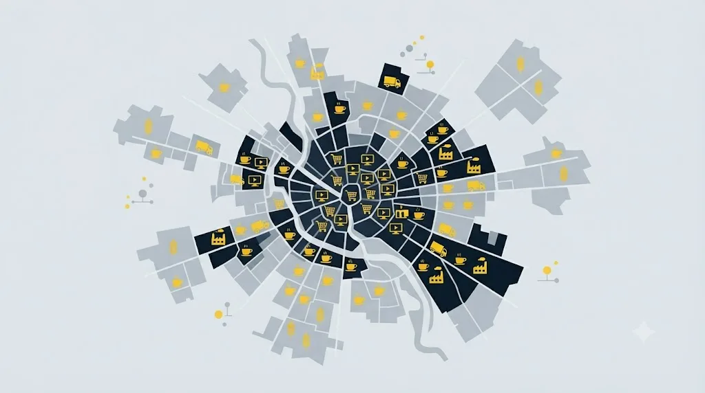 Ilustrație cu harta cartierelor Timișoarei și a comunelor periurbane din jurul orașului