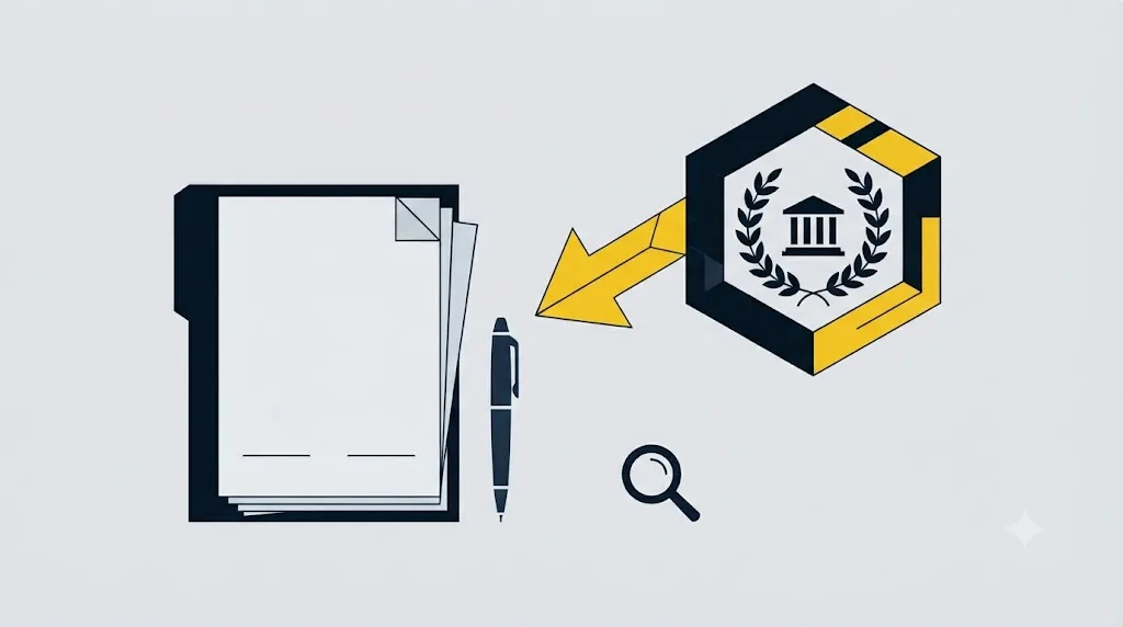 Ilustrație cu un document legal și o siglă de cameră de comerț, simbolizând verificarea unei firme SEO