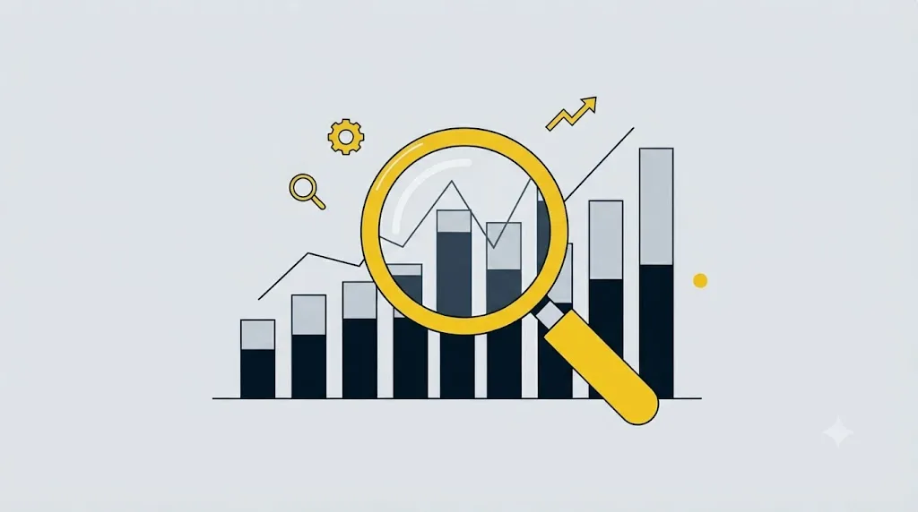 Ilustrație cu un grafic de trafic SEO analizat cu o lupă pentru verificare