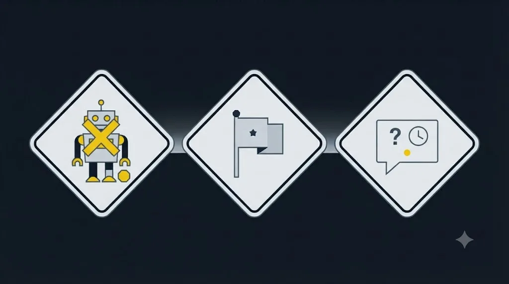 Illustration of common GEO mistakes shown as warning icons including a blocked crawler and an unanswered review