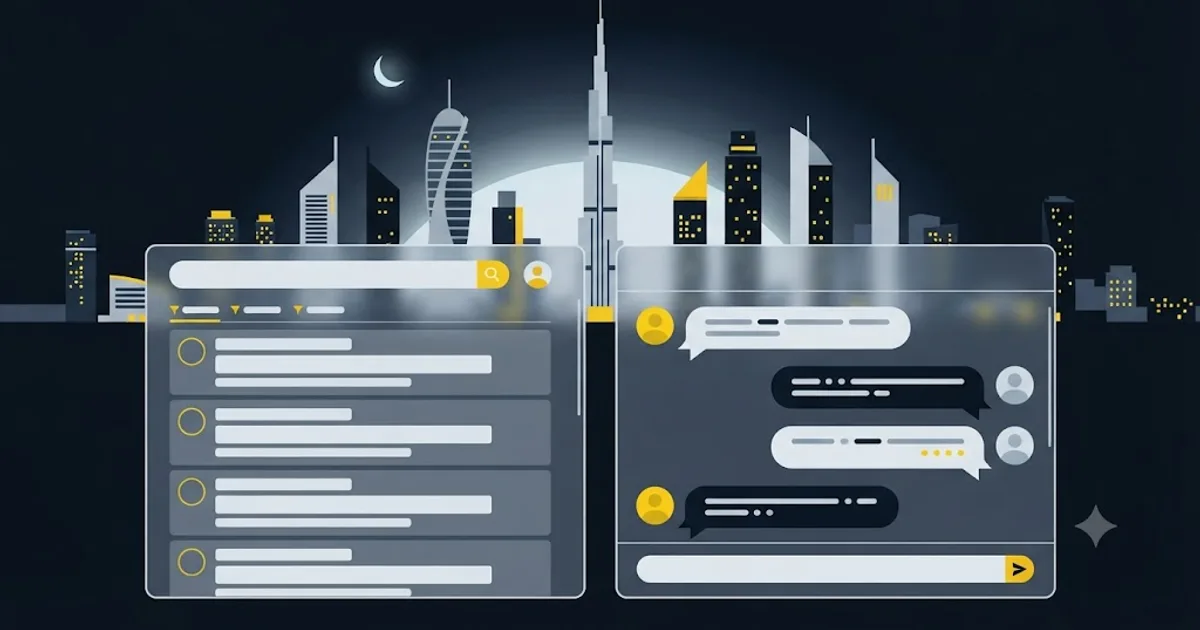 Illustration of the Dubai skyline with a search engine results page and an AI chat answer shown side by side