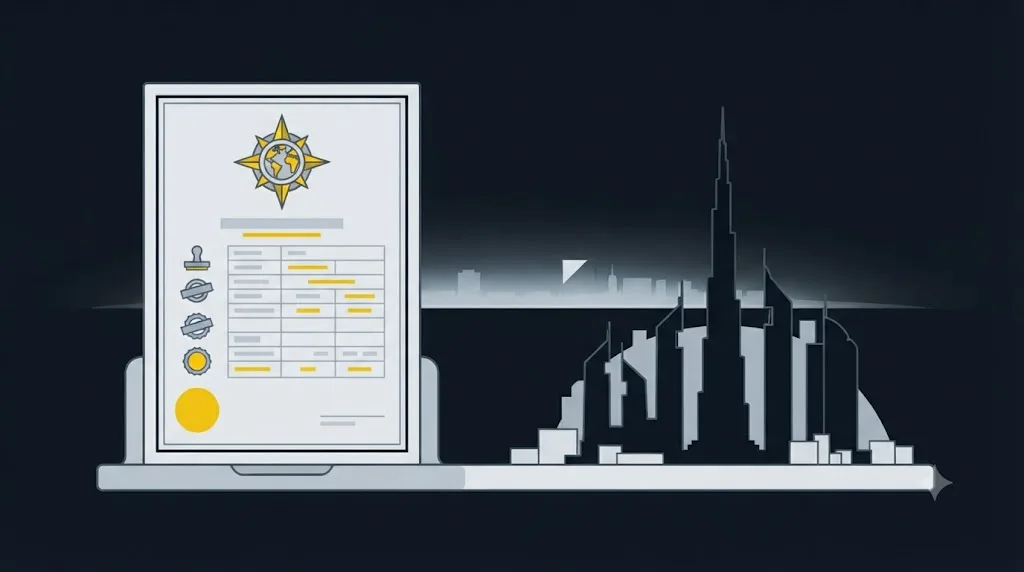 Illustration of a Dubai trade license document next to a stylised skyline