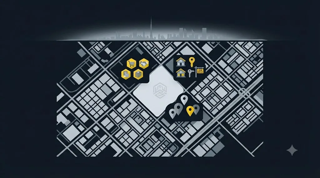 Illustration of local platform icons including a classifieds site and a property portal clustered on a Dubai neighbourhood map