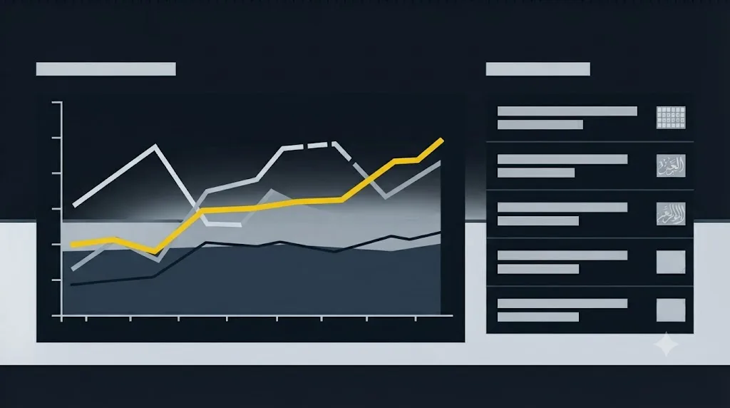 Illustration of a dashboard tracking a percentage share of AI answers across months with a bilingual question list