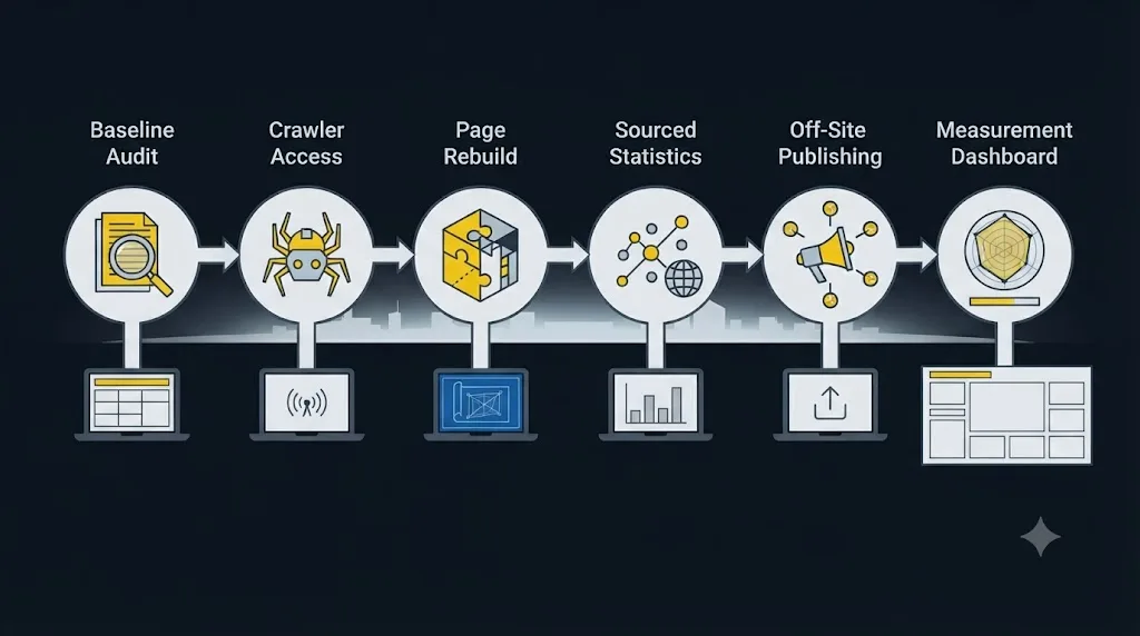 Illustration of a six-step pipeline showing how a GEO agency audits, publishes and measures AI search visibility