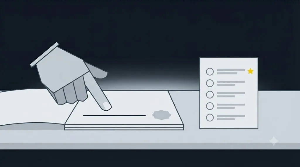 Illustration of a hand pausing before signing a contract next to a short checklist