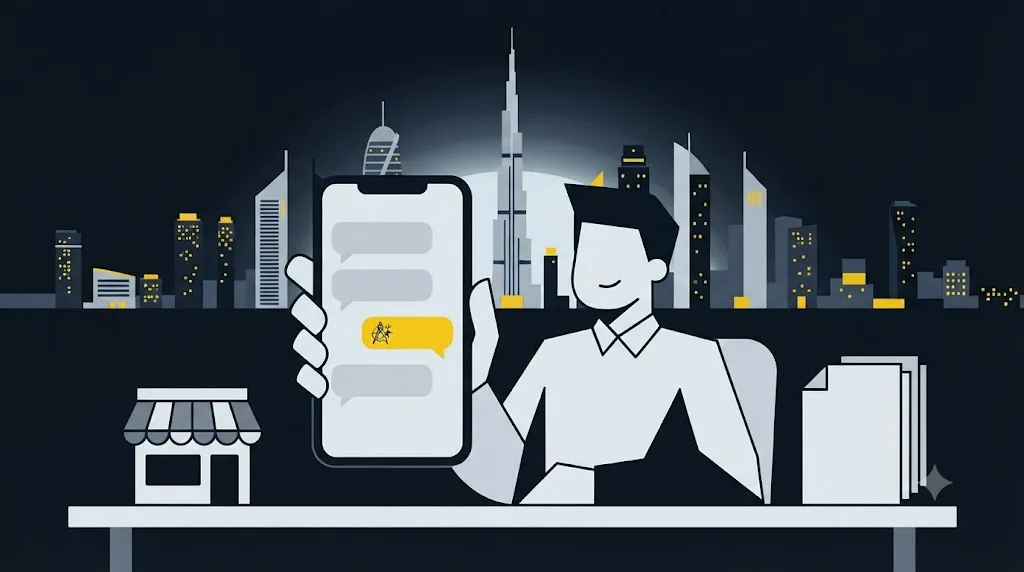 Illustration of a business owner checking a phone showing an AI answer naming their business with the Dubai skyline behind them