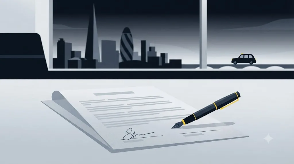 Illustration of a signed agency contract on a desk in a London office