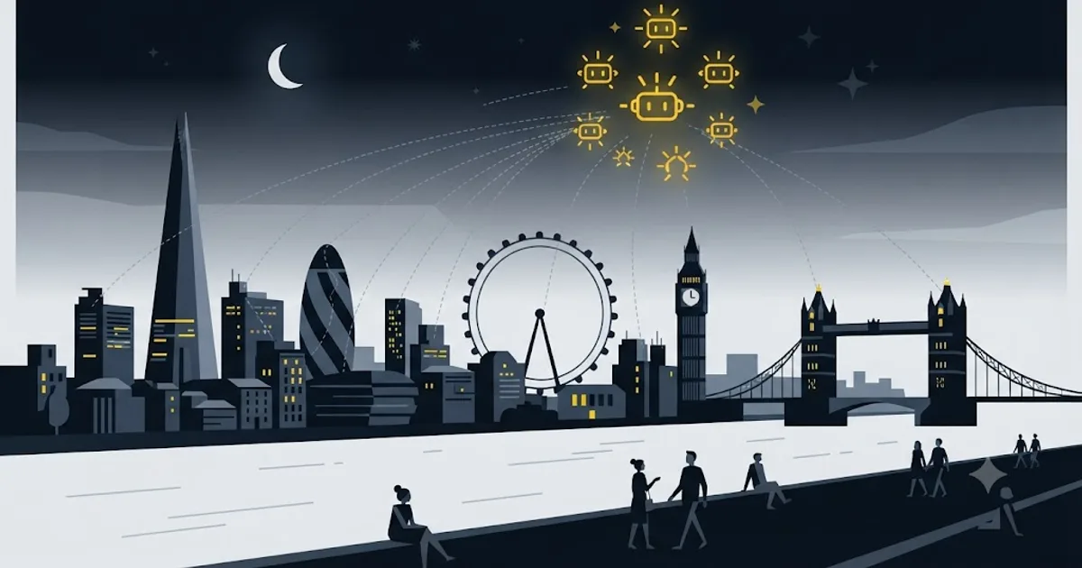 Illustration of a London skyline connected to a network of AI assistant icons