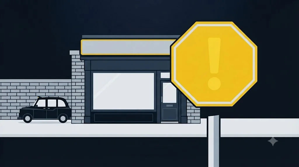 Illustration of a stop sign in front of a small London shopfront