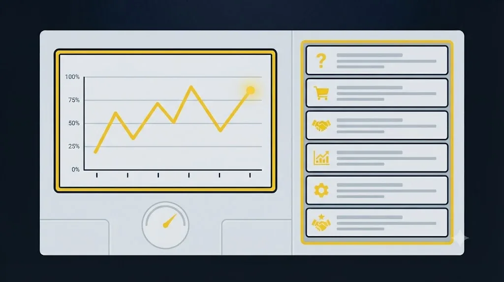 Illustration of a dashboard tracking the share of buyer questions where a brand is named by AI tools